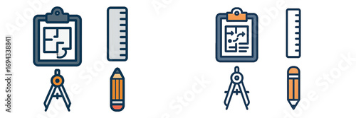Architectural planning and design tools with blueprint, ruler, compass, and pencil for construction projects