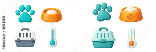 3D Pet Care Essentials Icons: Paw, Bowl, Carrier, Thermometer