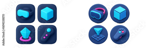 Modern virtual reality, augmented reality, and gaming technology concepts featuring abstract geometric 3D shapes