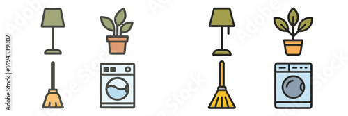 Household items and cleaning supplies icons for home maintenance, domestic chores, and daily routines