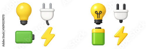 Collection of energy and power related icons including light bulbs, electrical plugs, batteries, and lightning bolts