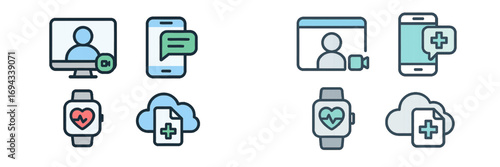 Digital communication, health monitoring, and cloud data storage technology icons for web and mobile apps