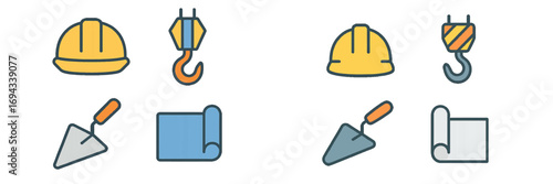 Collection of construction and building tools icons including hard hat, crane hook, trowel, and blueprint