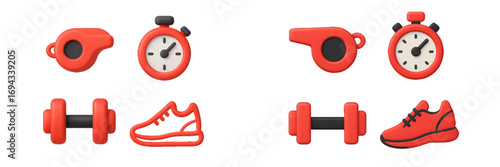 Dynamic red sport and fitness equipment set with whistle, stopwatch, dumbbell, and running shoe icons