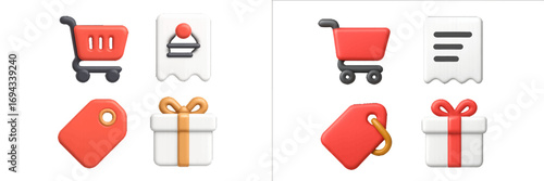 E-commerce shopping icons set with cart, receipt, price tag, and gift box symbols for online retail and digital marketing
