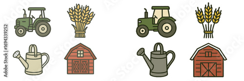 Essential farm and agriculture themed symbols including tractor, wheat, barn, and watering can for rural concepts