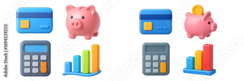Credit card, piggy bank, calculator, and bar chart representing financial management, business, and economy concepts