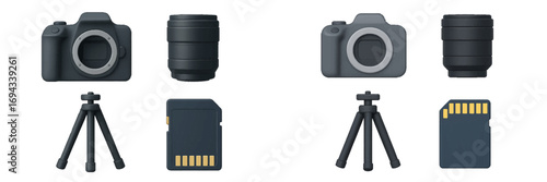 Photography equipment icons: camera, lens, tripod, memory card