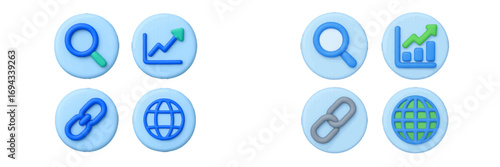 Wallpaper Mural Modern symbols of magnifying glass, upward trend graph, chain link, and globe for business and technology Torontodigital.ca