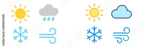 Weather forecast symbols set depicting sun, rain, clouds, snow, and wind for various climate conditions
