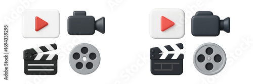Modern 3D video and film production icons featuring play button, camera, clapperboard, and film reel