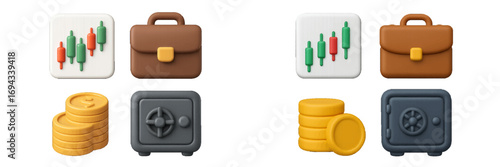 Collection of financial business icons featuring candlestick chart briefcase stacked coins and secure safe for investment