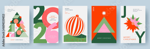 Merry Christmas and Happy New Year Set of greeting cards, posters, holiday covers, backgrounds. Design templates with typography, season wishes in modern minimalist style for web, social media, print