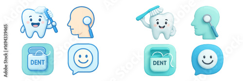 Happy cartoon tooth character brushing teeth for dental hygiene