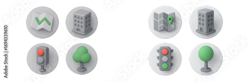 3D rendered navigation and city elements icons set featuring map, building, traffic light, and tree symbols