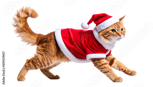 Ginger Cat in Santa Outfit Stretching, Side View, Transparent Background PNG