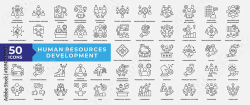 Human Resources Development Icons Collection Set. Containing leadership, development, talent, teamwork, human, performance, recruitment, strategy and skill. Simple Line Vector Illustration.