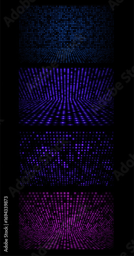 Digital blue and purple grids with dots and lines in perspective. Blue-purple backgrounds with acceleration and depth effects for background overlays.