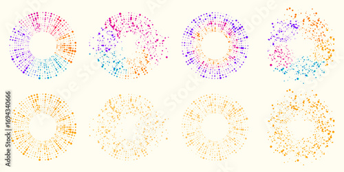 Set of abstract round dot shapes in vibrant gradient colors. Dynamic geometric compositions for posters, presentations, backgrounds, infographics and modern digital design.