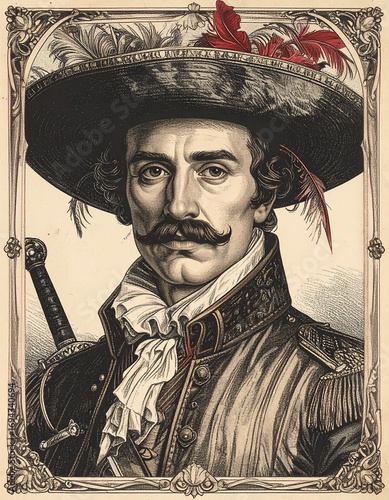 Engraving style portrait of a Renaissance musketeer with feathered hat, sword and ruff collar, vintage etching illustration