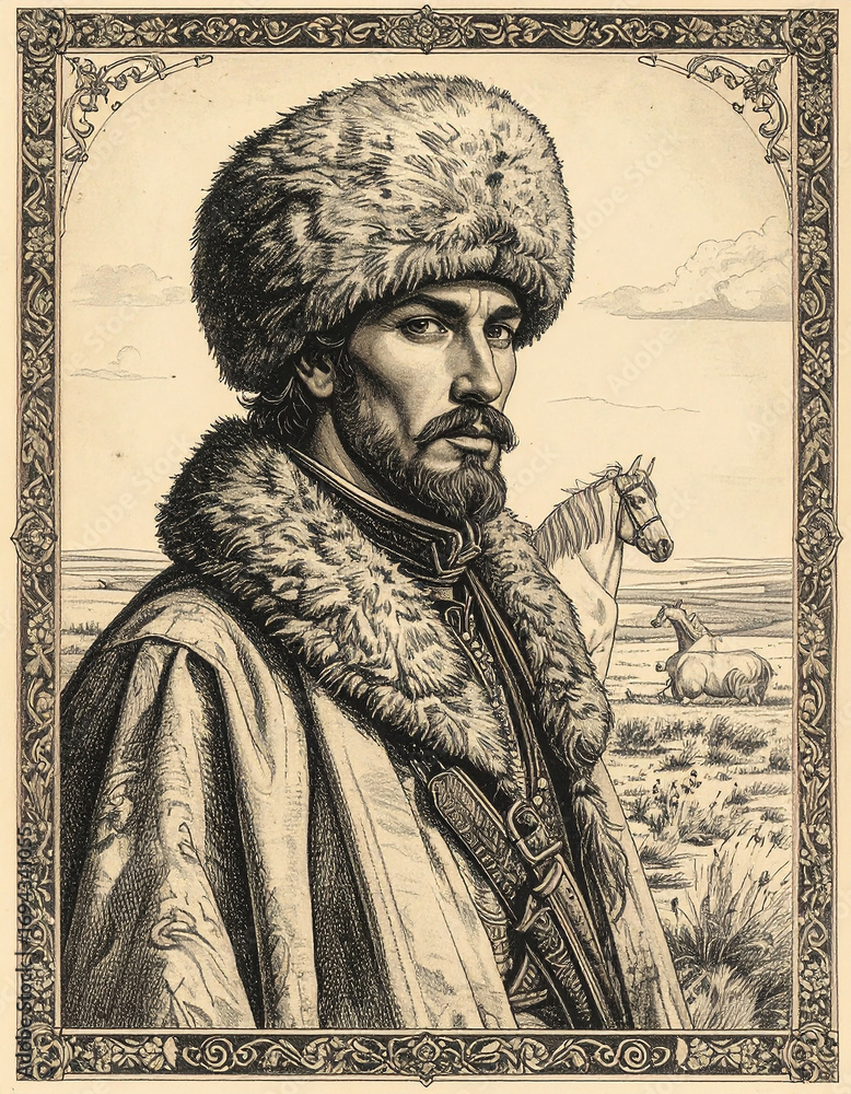 Fototapeta premium Engraving style portrait of a Mongolian horseman in traditional fur hat and deel robe with steppe background, vintage etching