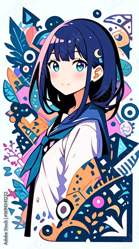 物思いにふける女の子、イラスト、パッチワーク