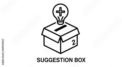 A simple, black line illustration of a suggestion box with a lightbulb, symbolizing ideas and suggestions.