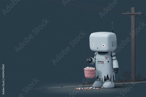 Halloween cyberpunk adventure cartoon-style ghostly robot with candy bucket in dark street environment