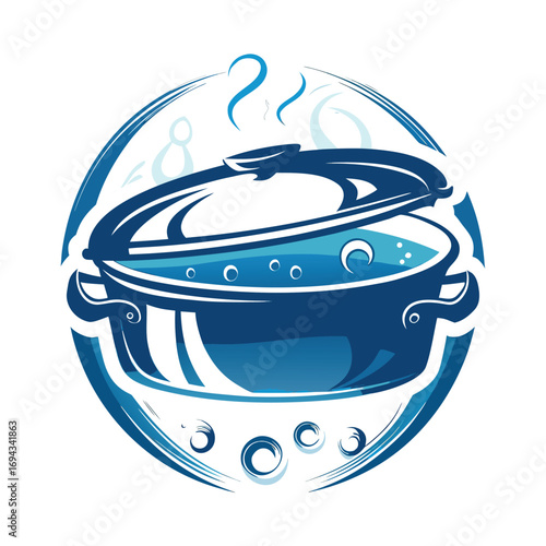 Culinary Creation: A stylized illustration of a cooking pot with a partially open lid, steam, and bubbles rising, all within a circular frame. Representing culinary activity and gastronomic pursuit.