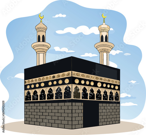Kaaba in Mecca: An artistic representation of the Kaaba in Mecca, a central place of worship for muslims, situated against a backdrop of a blue sky dotted with gentle clouds.