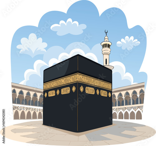 Kaaba Illustration: A detailed illustration captures the essence of the Kaaba, the heart of Islam, showcasing its architectural elegance within the sacred Grand Mosque.