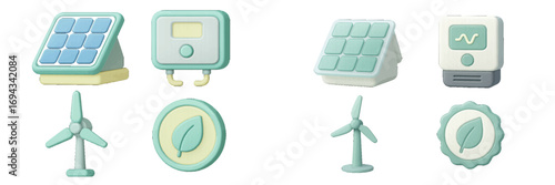 Stylized icons for green energy and environmental protection featuring solar panels wind turbines and eco leaves