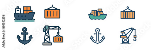 Modern flat design depicting global shipping and logistics with cargo ships, containers, anchors, and port cranes