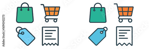 Essential retail and e-commerce elements: green shopping bags, orange carts, blue price tags, and transaction receipts