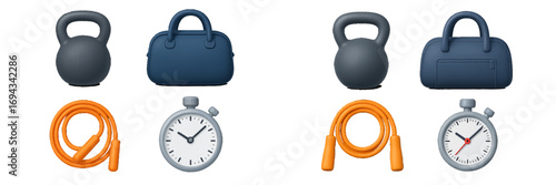 Collection of fitness equipment including kettlebell, gym bag, jump rope, and stopwatch for exercise and training