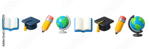 Academic and educational symbols for learning, knowledge, and study with books, graduation caps, pencils, and globes