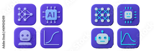 Visual representations of artificial intelligence and machine learning with neural networks, robots, and data graphs