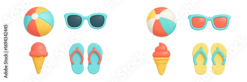 Collection of colorful summer vacation essentials including beach balls, sunglasses, ice cream, and flip-flops