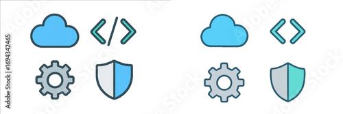 Essential digital service icons for cloud data, coding symbols, system configuration, and cybersecurity shields