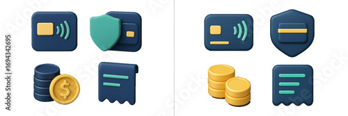 Collection of financial transaction and security icons featuring credit card, wallet, coins, and receipt for digital banking and online payments