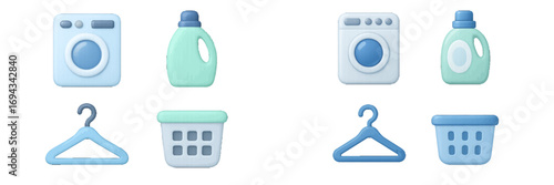 Modern household laundry appliances and accessories set with washing machine detergent bottle clothes hanger and basket