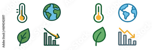 Environmental icons for global climate change, temperature fluctuations, ecological decline, and sustainability