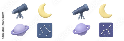Stylized space and astronomy objects including telescope, crescent moon, ringed planet, and constellation