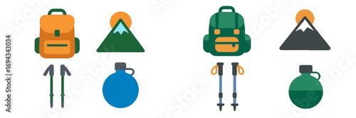 Essential outdoor adventure and hiking gear icons featuring backpacks, mountains, trekking poles, and water bottles