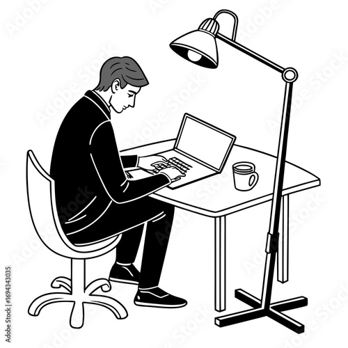 Flat illustration of faceless man sitting at a desk