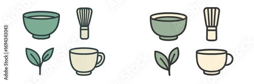 Traditional Japanese matcha tea preparation with chawan bowl, bamboo whisk, fresh green tea leaves, and classic ceramic tea cup