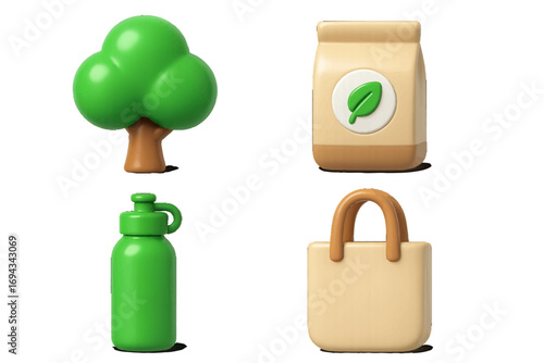 Green tree, reusable water bottle, eco-friendly package, and shopping bag for sustainable living