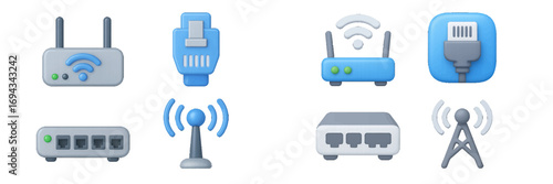 Modern internet connectivity, wireless routers, ethernet cables, network hubs, and communication antennas