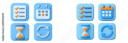 Set of three dimensional style icons representing task management, scheduling, time, and refresh functions for web and mobile interfaces