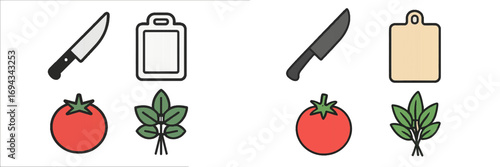 Kitchen utensils and ingredients for cooking and food preparation